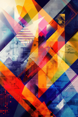 The artwork features an arrangement of colorful geometric shapes intersecting with each other, creating a dynamic visual experience. Generative AIの素材