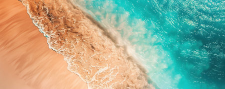 The bright blue ocean waves rhythmically wash against a golden sandy beach under a clear sky. Generative AIの素材