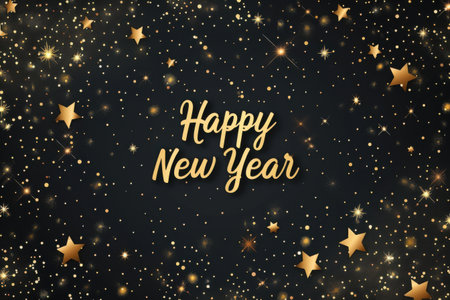 A festive display of Happy New Year in gold lettering, surrounded by shimmering stars and decorations against a dark backdrop. Generative AIの素材
