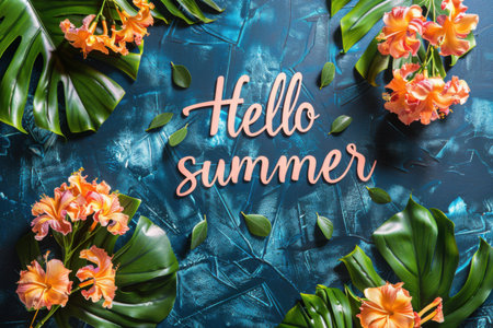 Tropical flowers and lush green leaves arranged artistically on a striking blue surface with the phrase Hello Summer. Generative AIの素材