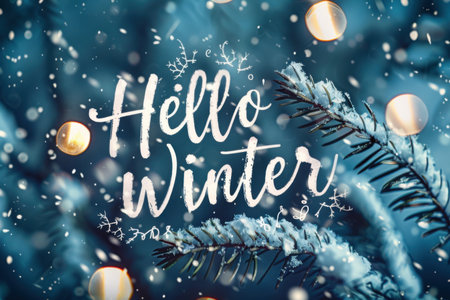 A festive winter greeting featuring the words Hello Winter adorned with delicate snowflakes. Generative AIの素材