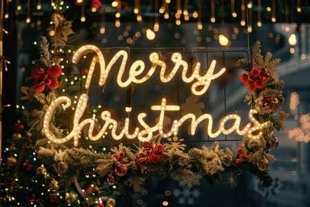 A glowing Merry Christmas sign adorned with flowers and greenery shines brightly among holiday lights in the evening. Generative AIの素材