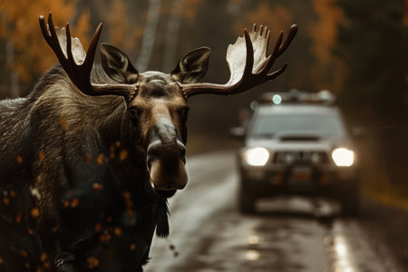A large moose stands confidently on a wet forest road, close to a vehicle that drives by. Generative AIの素材