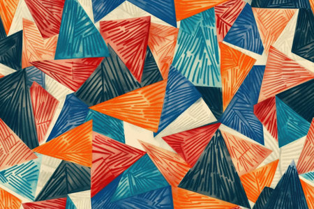 Colorful abstract patterns featuring geometric shapes and triangles create a visually striking design. Generative AIの素材