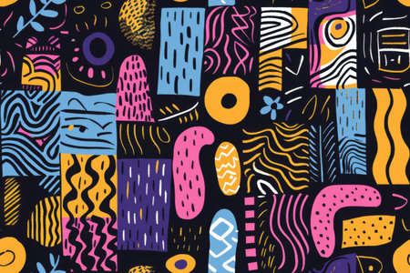 Vibrant abstract design featuring geometric shapes, wavy lines, and various colors on a dark background, creating a lively and artistic visual atmosphere. Generative AIの素材