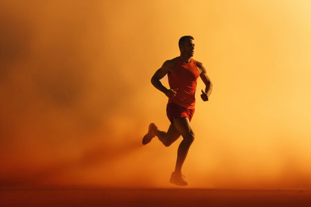 Man running outdoors on orange background, copy space. AI generated.の素材