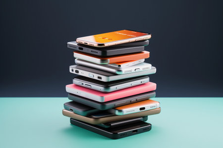 Stack of smartphones and electronic devices on blue and black background. Resale of old gadgets concept. AI generated.の素材