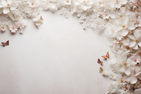 Pastel beige flowers romantic background with copy space. Wedding, Valentine's Day. AI generated.の素材