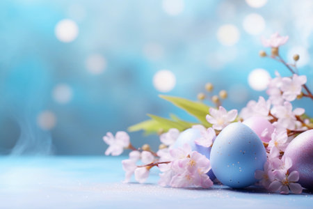 Colorful Easter eggs and blooming pink flowers on light blue background with copy space. AI generated.の素材