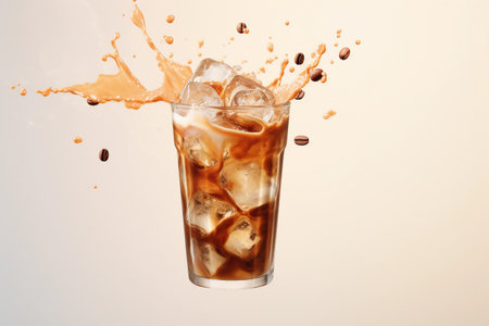 Iced coffee splashing and roasted coffee beans flying isolated on light background. copy space. AI generated.の素材