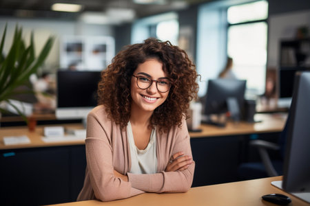 Smiling young woman in glasses with curly hair working in the office at the computer. AI generated.の素材