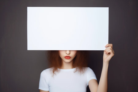 Serious young woman holding blank mockup placard covering her face. AI generated.の素材