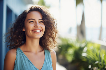 A young woman with curly brown hair is smiling brightly at the street. Generative AIの素材