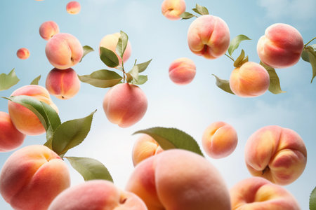 A close-up image of multiple ripe peaches floating in the air. Generative AIの素材