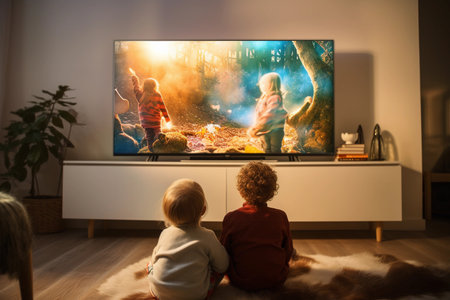 Two children sitting on the floor in front of a television screen, watching tv. Generative AIの素材