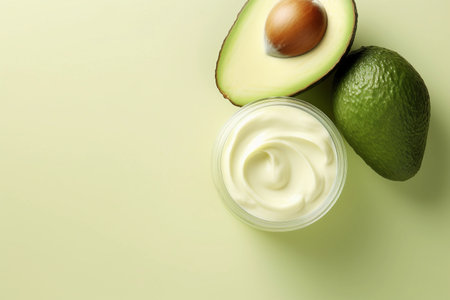 Small container of white cream and two avocado halves on green background. Generative AIの素材
