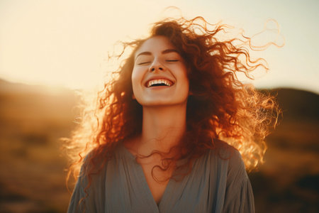 A woman with long curly hair stands in a field and smiles brightly as the sunset shines on her. Generative AIの素材