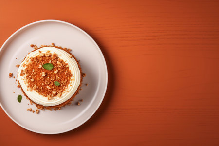 Carrot cake with pecans and cream cheese on white plate on orange background, copy space Generative AIの素材