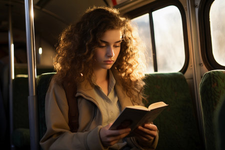 A young woman with long curly brown hair sits on a public transit vehicle and reads a book. AI generated.の素材
