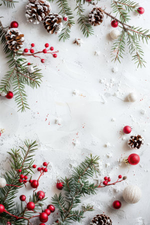 A snowy white surface is decorated with sprigs of pine and red berries, copy space. Generative AIの素材
