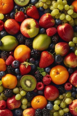 A colorful array of fresh fruits and berries are scattered across a table. Generative AIの素材