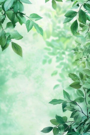 Soft green vertical background with sunlight filtering through leaves with copy space. Generative AI.の素材