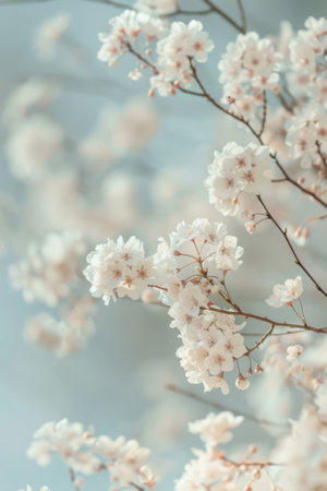 Cherry blossom flowers display their soft pink and white petals as they bloom vibrantly against a tranquil blue sky during the early spring season. Generative AIの素材
