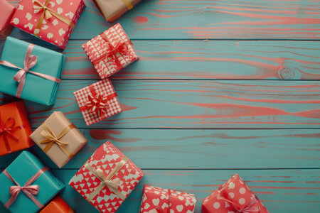 A close-up view of multiple wrapped gifts with various patterns and colors resting on a blue-toned wooden surface. Generative AIの素材