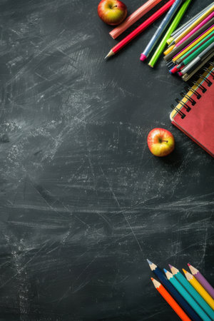 A black chalkboard with a red apple and colorful pencils in the upper right corner, along with a red spiral notebook. Generative AIの素材