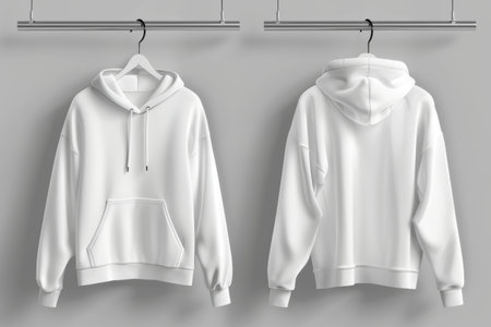 A white hooded sweatshirt hangs on a hanger against a gray wall, showing both the front and back of the garment. Generative AIの素材