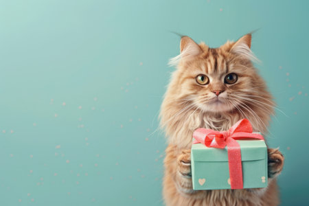 A fluffy ginger cat with large green eyes is holding a wrapped gift in front of a blue background. Generative AIの素材