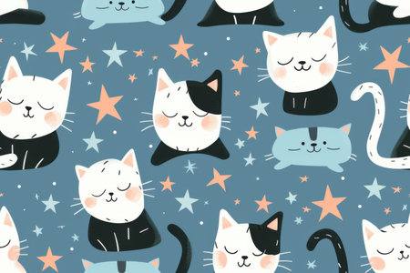 A colorful cartoon pattern featuring repeating images of cats and stars on a blue background. Generative AIの素材