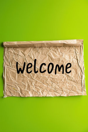 A crumpled piece of paper, with the word printed welcome in black letters placed on a light green surface. Generative AIの素材