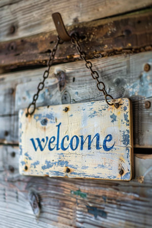 A faded wooden sign with blue lettering reading welcome hangs from a chain on an aged wooden wall. Generative AIの素材