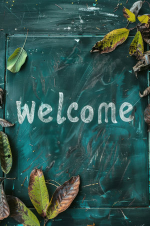 A welcome sign is prominently displayed on a chalkboard surface, surrounded by vibrant autumn leaves. Generative AIの素材