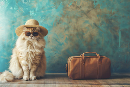 A fluffy cat sits confidently while sporting sunglasses and a straw hat. Next to it, a chic travel bag rests on the floor against a textured wall. Generative AIの素材