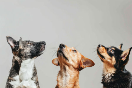 Three dogs are sitting together, looking up with keen interest. Generative AIの素材