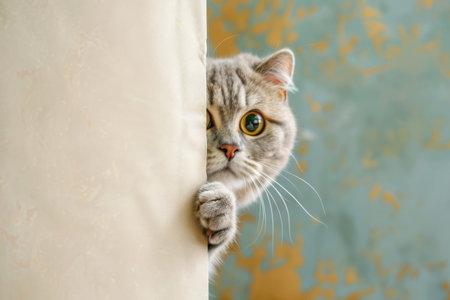 A gray cat with large, expressive eyes is cautiously peeking around a curtain in a warm and inviting indoor environment. Generative AIの素材