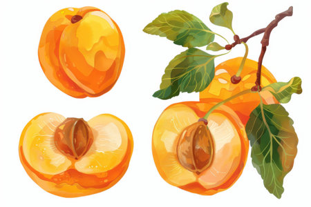 Fresh apricots are creatively illustrated, showcasing whole fruits and various cut pieces. Generative AIの素材