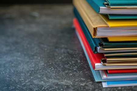 A collection of vibrant notebooks is neatly arranged in a stack on a dark, textured surface. Generative AIの素材