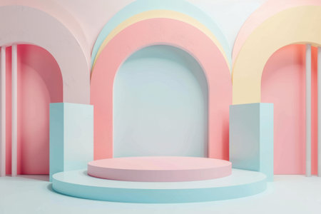 Stylish three-arch backdrop in soft pastel colors and empty podium for product presentation. Generative AIの素材