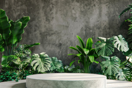 A sleek, round concrete pedestal stands prominently in a beautifully designed indoor space, which is filled with vibrant green plants and creeping vines. Generative AIの素材