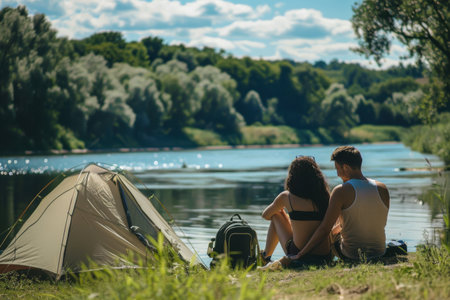 A couple sits side by side on the grass near a tranquil river, surrounded by lush greenery and a blue sky dotted with clouds. Generative AIの素材