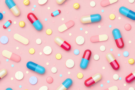 Various capsules and tablets, in multiple colors and shapes, are scattered across a soft pink background. Generative AIの素材