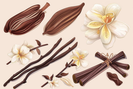 Detailed botanical illustration set of vanilla flowers, delicate branches, and vanilla beans on light background. Generative AIの素材