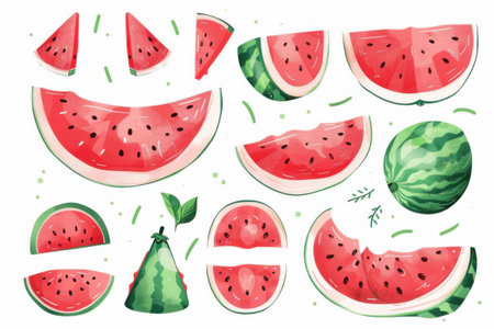 Various watermelon illustrations, including whole fruits and slices in different orientations. Generative AIの素材