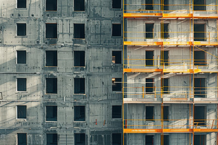 Construction progress of a multi-storey building in an urban development area, close up view. Generative AIの素材