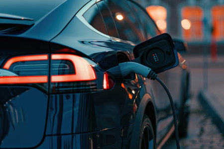 An electric vehicle connects to a charging station in an urban environment. Generative AIの素材