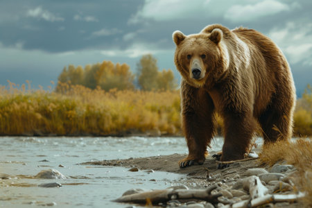 A strong grizzly bear strides through a tranquil stream, surrounded by vibrant autumn foliage. Generative AIの素材