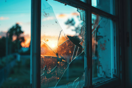 Broken window framed by sunset glowing through cracked glass in abandoned building, close up view. Generative AIの素材